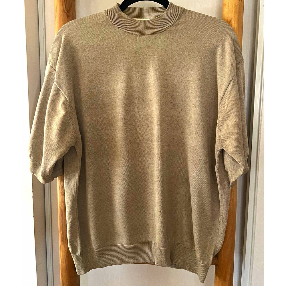 Pronto Uomo Men's Silk Cotton Knit Beige Crewneck Short Sleeve Sweater L